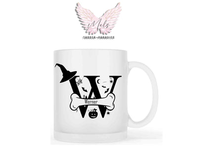 Halloween-Alphabet mit Name - Personalisierte satinierte Glas-Tasse
