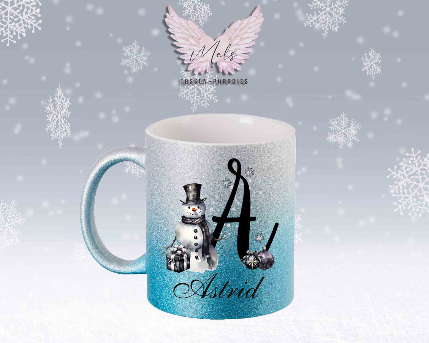 Schneemann Black-Alphabet mit Name - Personalisierte Glitter-Tasse SilberBlau