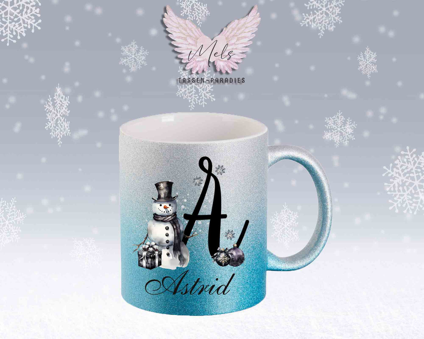 Schneemann Black-Alphabet mit Name - Personalisierte Glitter-Tasse SilberBlau