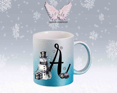 Schneemann Black-Alphabet mit Name - Personalisierte Glitter-Tasse SilberBlau