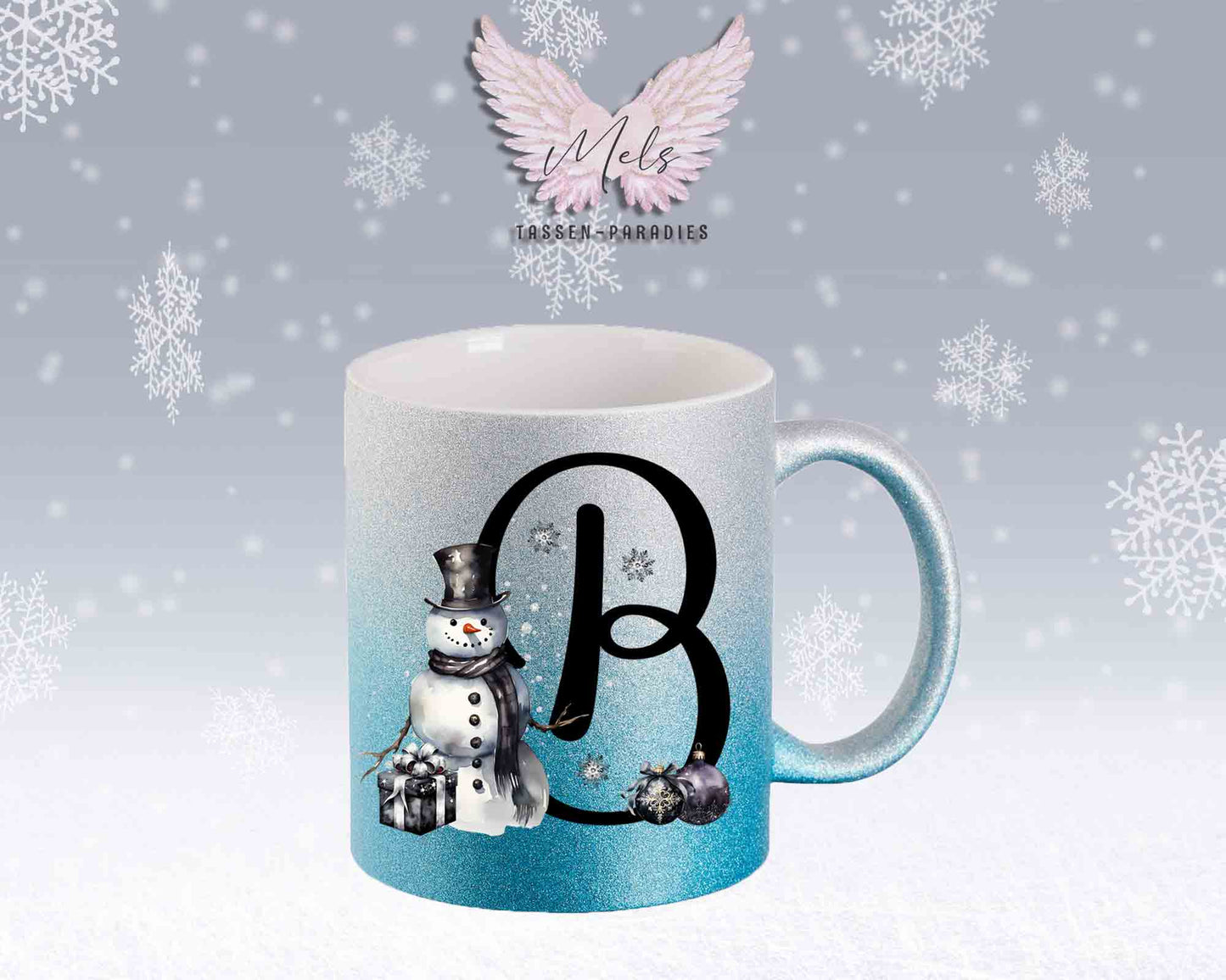 Schneemann Black-Alphabet mit Name - Personalisierte Glitter-Tasse SilberBlau