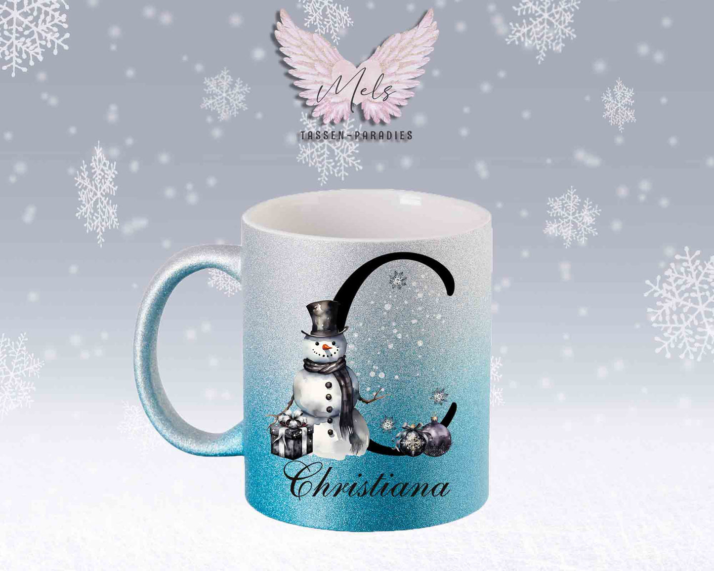 Schneemann Black-Alphabet mit Name - Personalisierte Glitter-Tasse SilberBlau