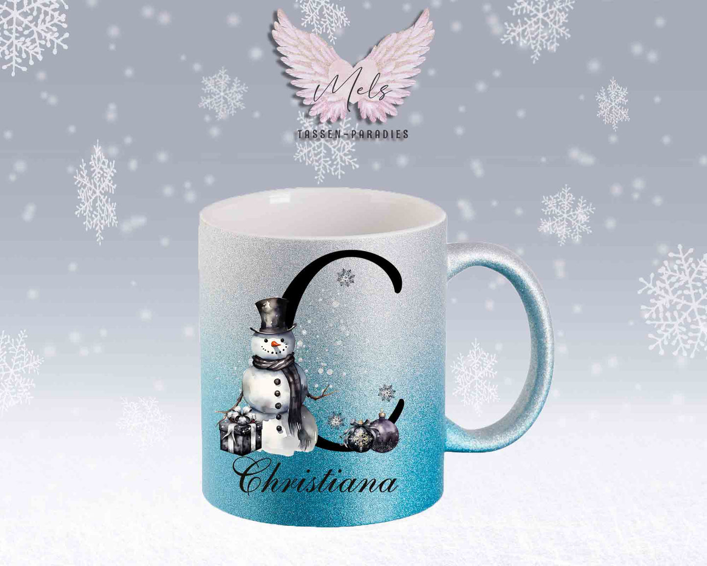 Schneemann Black-Alphabet mit Name - Personalisierte Glitter-Tasse SilberBlau