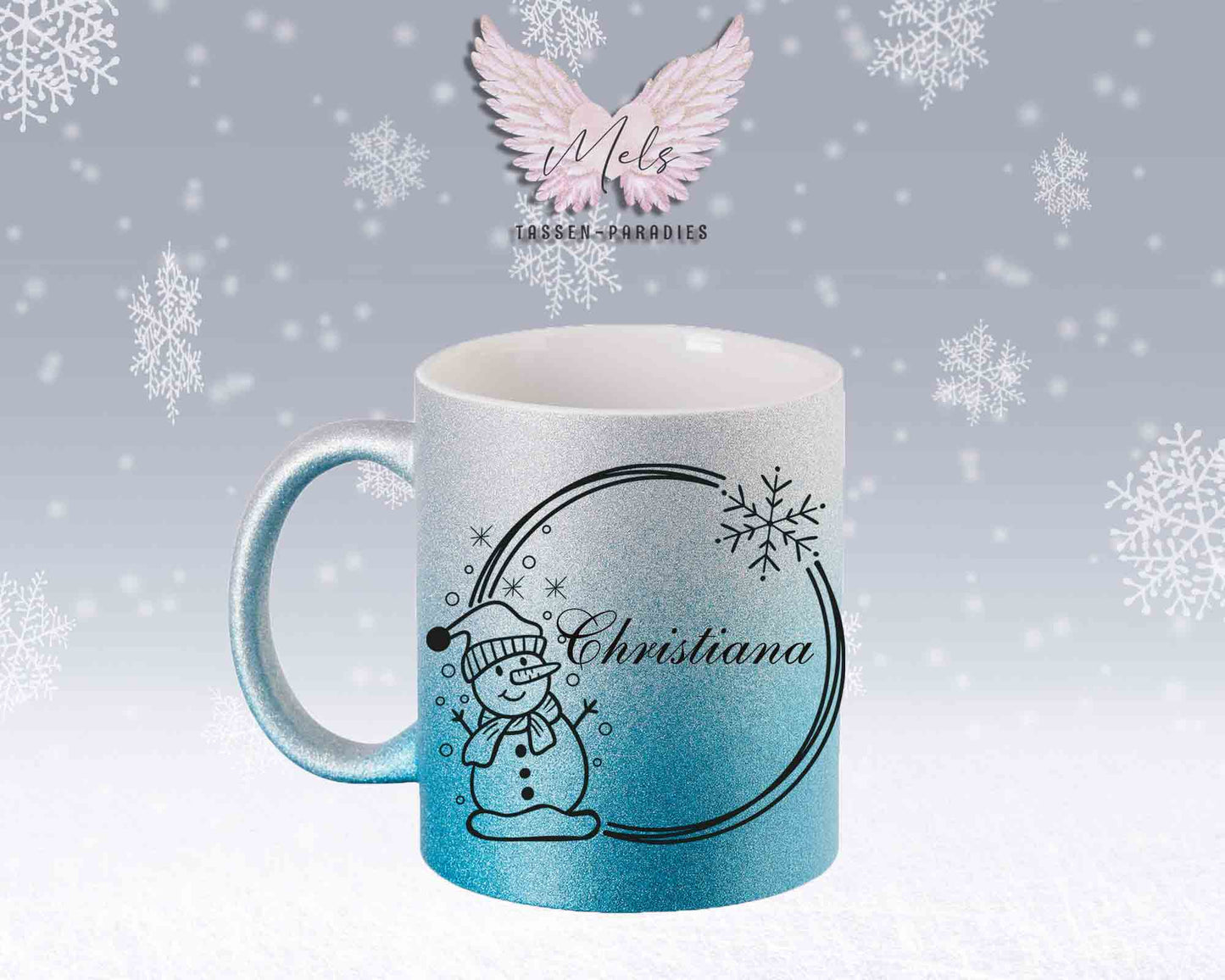 Schneemann Black-Alphabet mit Name - Personalisierte Glitter-Tasse SilberBlau