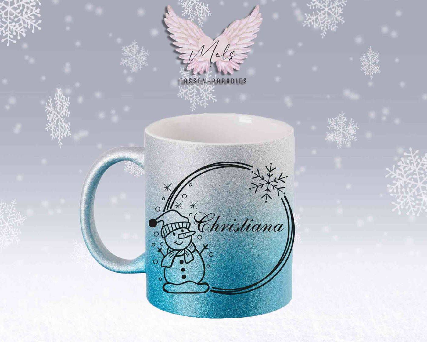 Schneemann Black-Alphabet mit Name - Personalisierte Glitter-Tasse SilberBlau