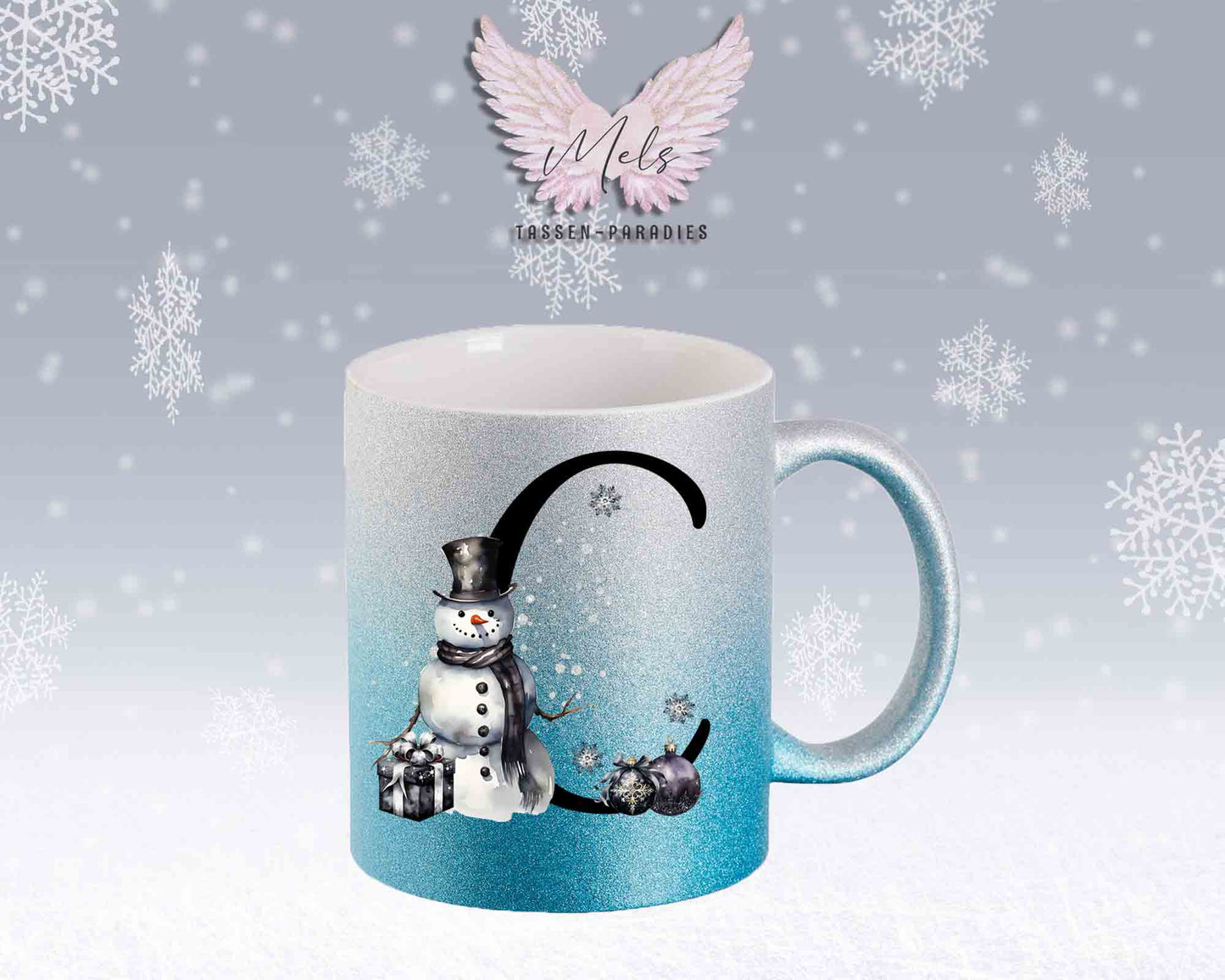 Schneemann Black-Alphabet mit Name - Personalisierte Glitter-Tasse SilberBlau