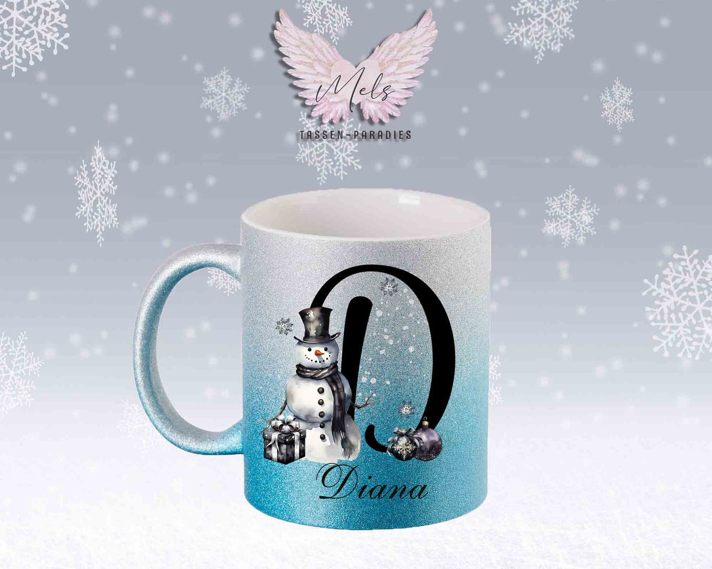 Schneemann Black-Alphabet mit Name - Personalisierte Glitter-Tasse SilberBlau