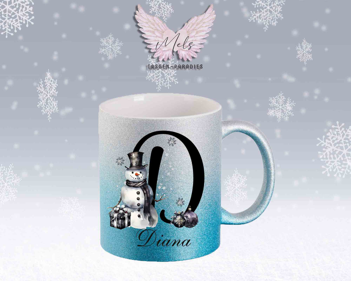 Schneemann Black-Alphabet mit Name - Personalisierte Glitter-Tasse SilberBlau