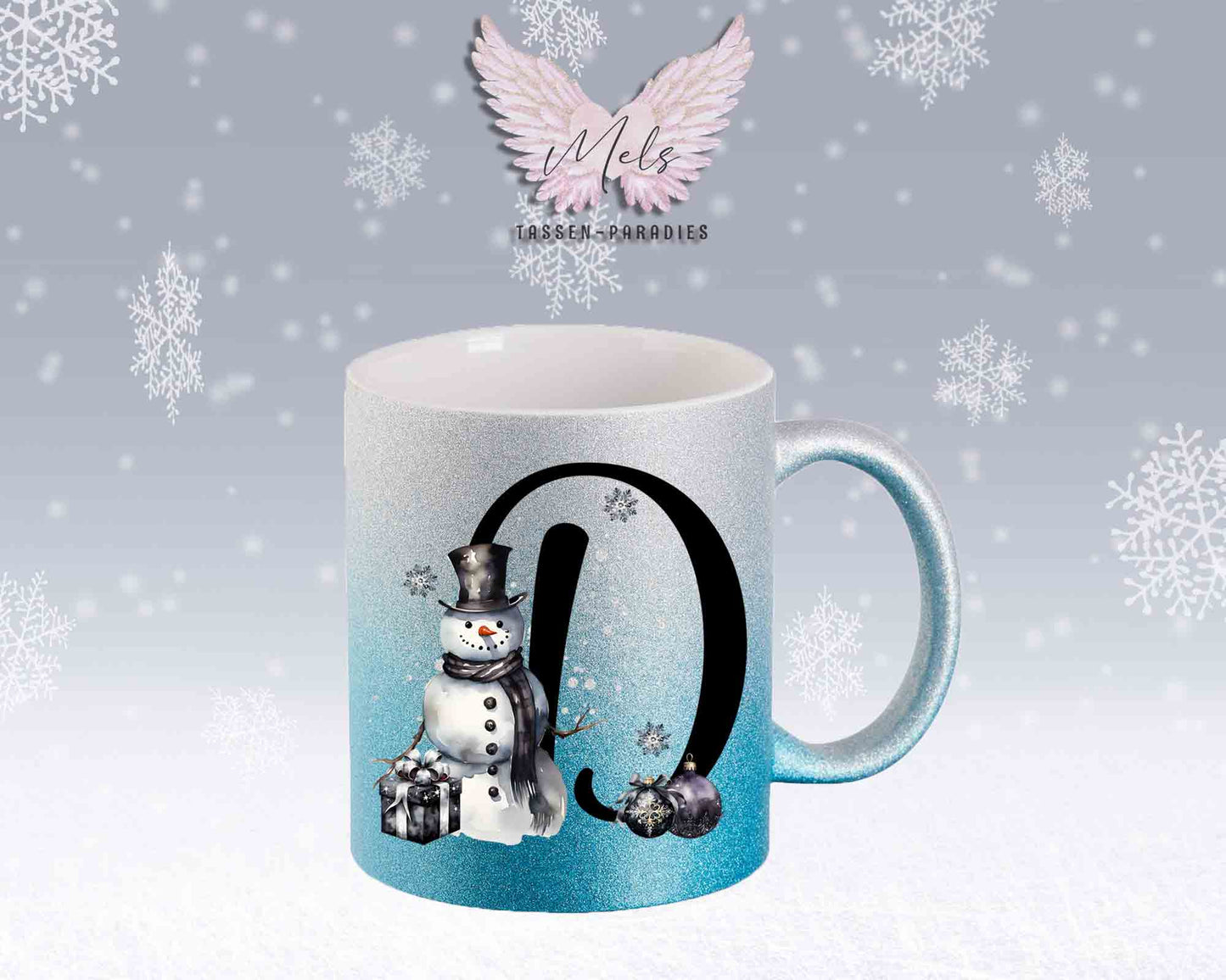 Schneemann Black-Alphabet mit Name - Personalisierte Glitter-Tasse SilberBlau