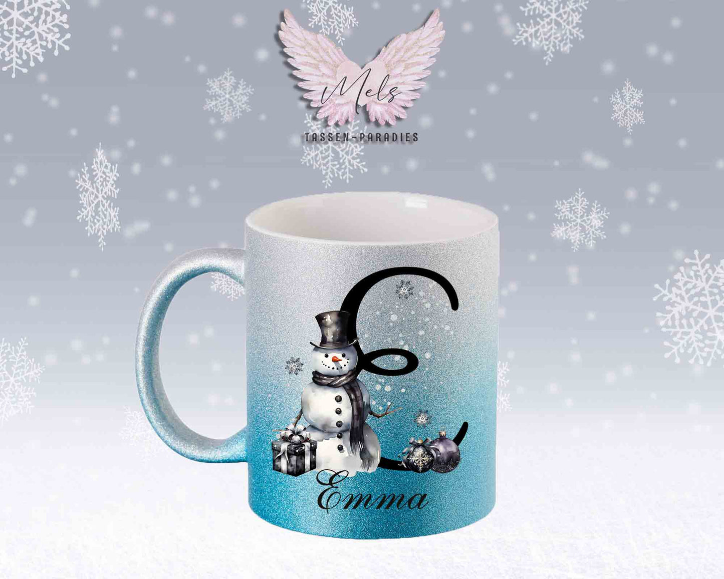 Schneemann Black-Alphabet mit Name - Personalisierte Glitter-Tasse SilberBlau