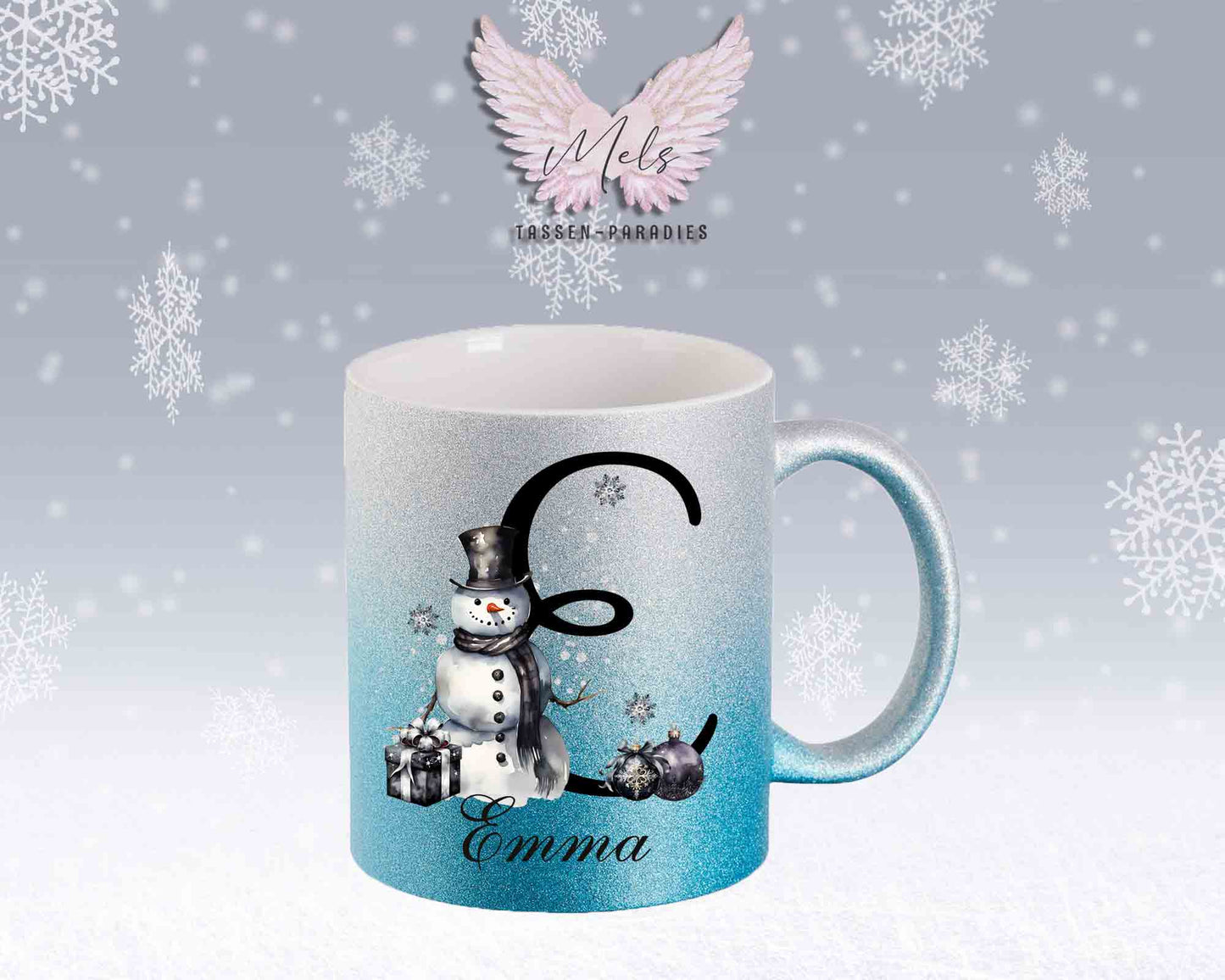 Schneemann Black-Alphabet mit Name - Personalisierte Glitter-Tasse SilberBlau