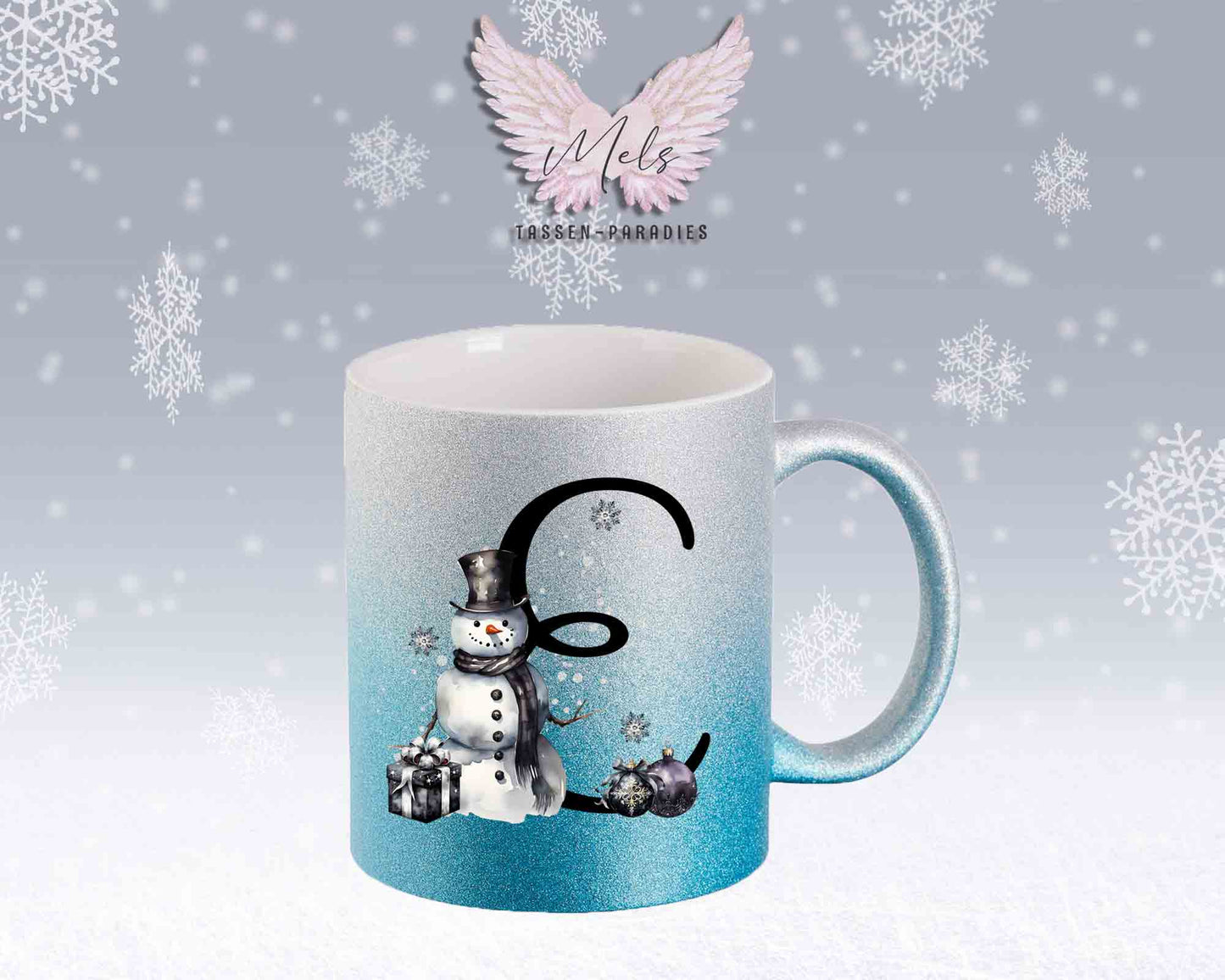 Schneemann Black-Alphabet mit Name - Personalisierte Glitter-Tasse SilberBlau