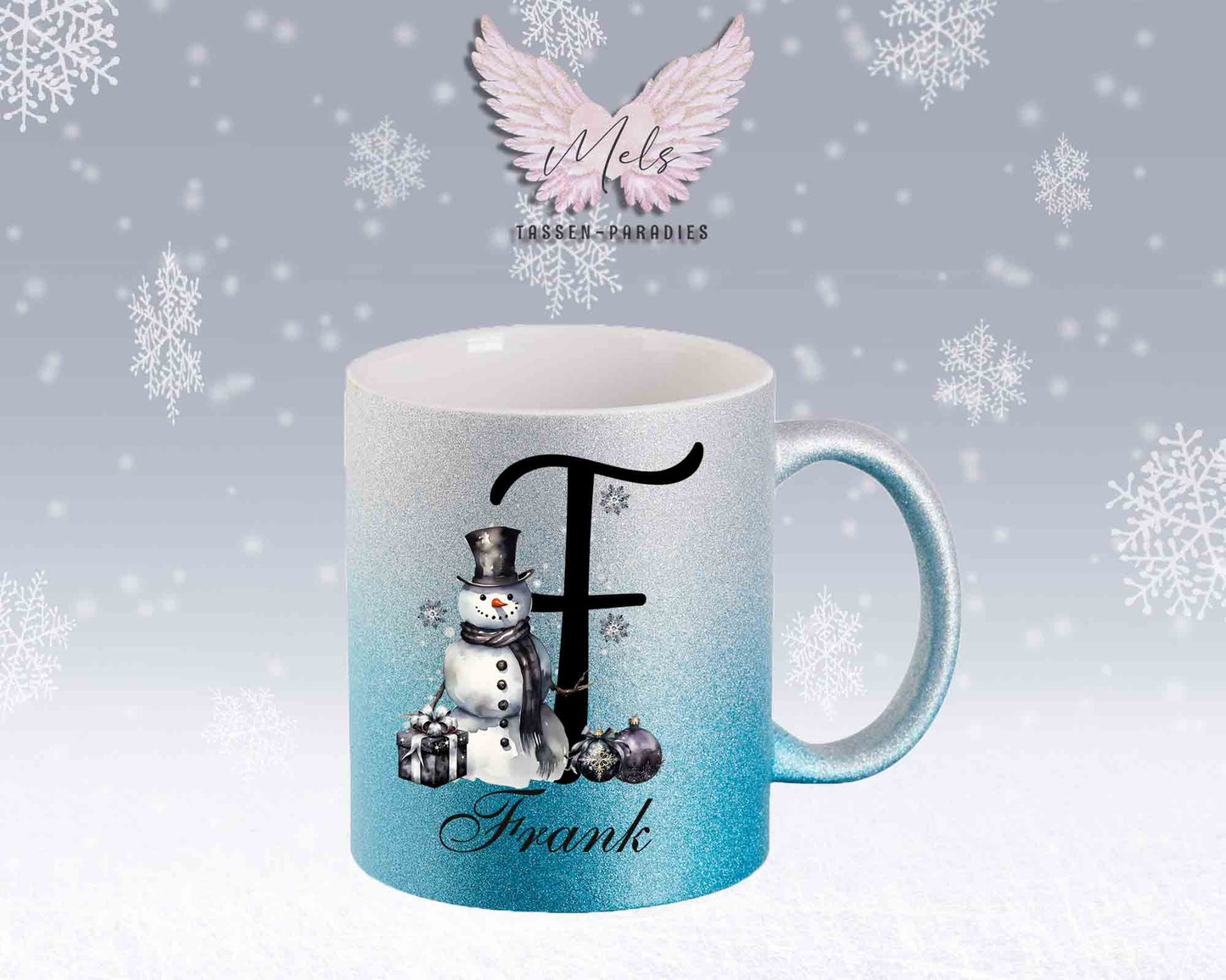 Schneemann Black-Alphabet mit Name - Personalisierte Glitter-Tasse SilberBlau