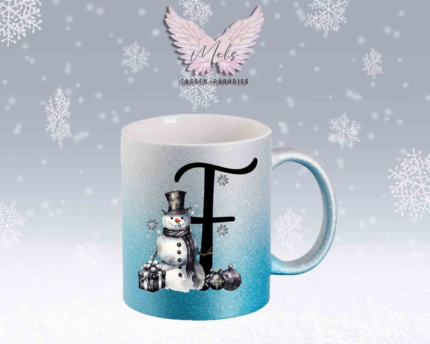 Schneemann Black-Alphabet mit Name - Personalisierte Glitter-Tasse SilberBlau