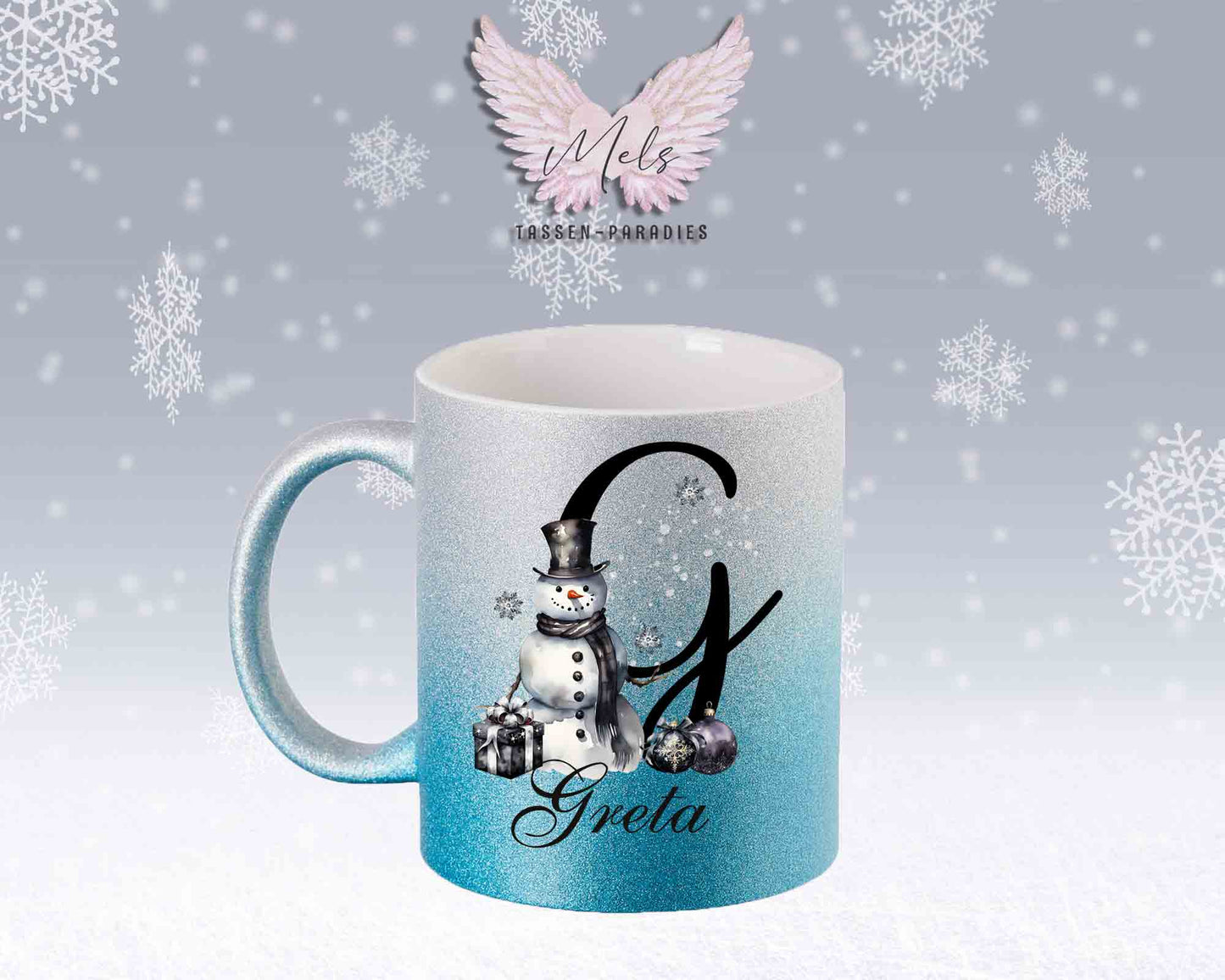 Schneemann Black-Alphabet mit Name - Personalisierte Glitter-Tasse SilberBlau