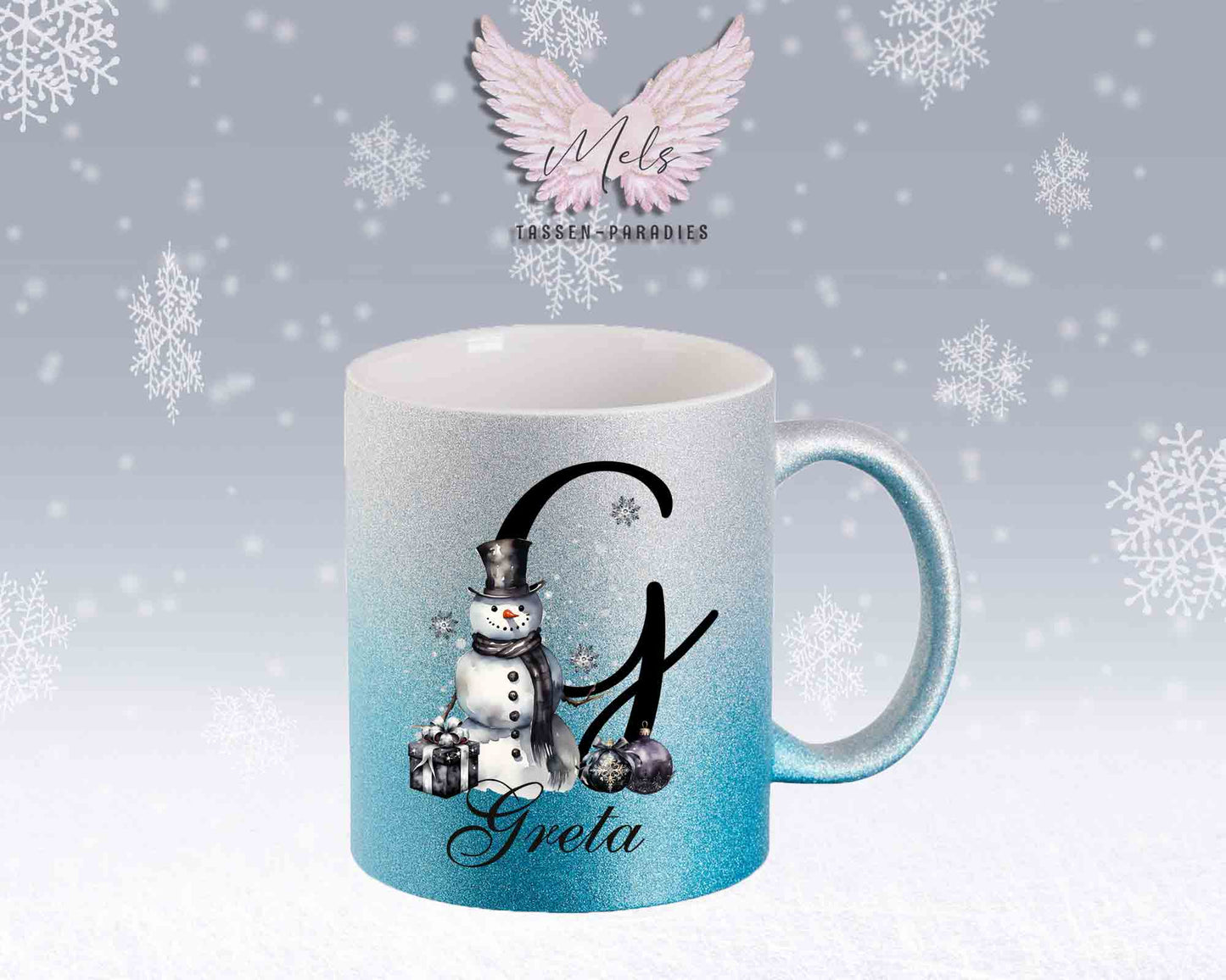 Schneemann Black-Alphabet mit Name - Personalisierte Glitter-Tasse SilberBlau