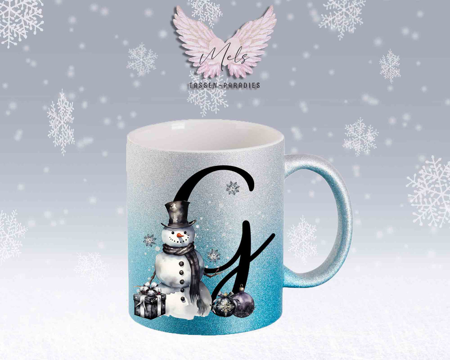 Schneemann Black-Alphabet mit Name - Personalisierte Glitter-Tasse SilberBlau