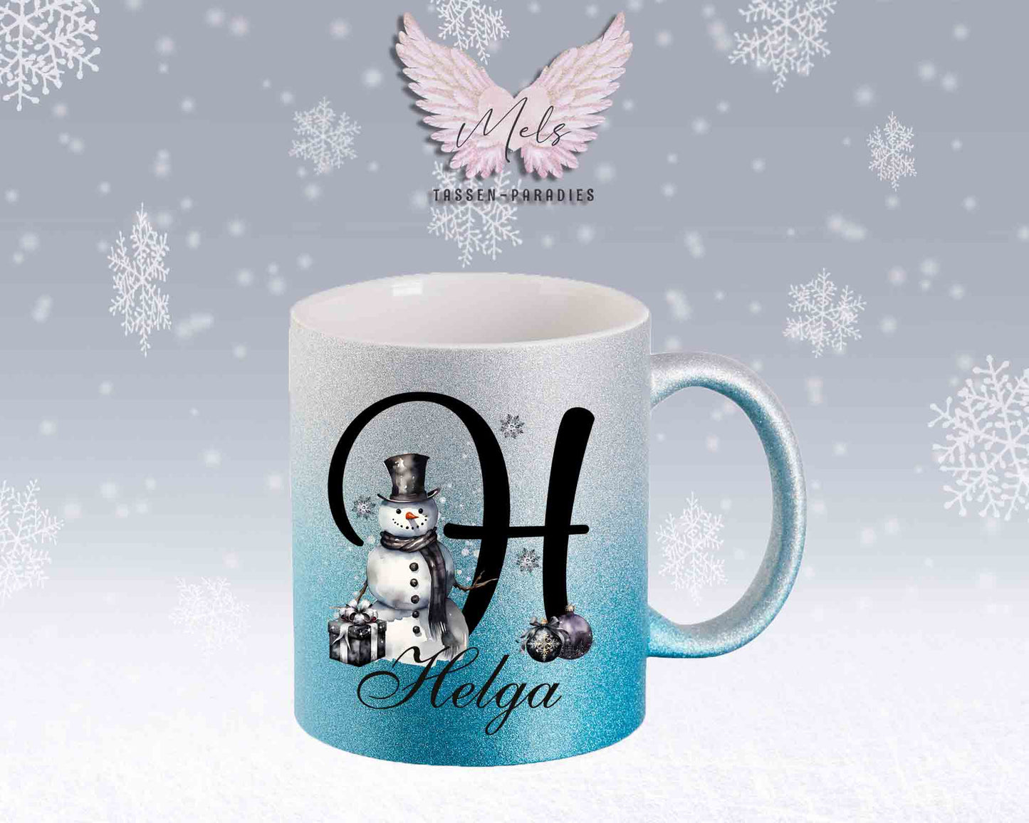 Schneemann Black-Alphabet mit Name - Personalisierte Glitter-Tasse SilberBlau