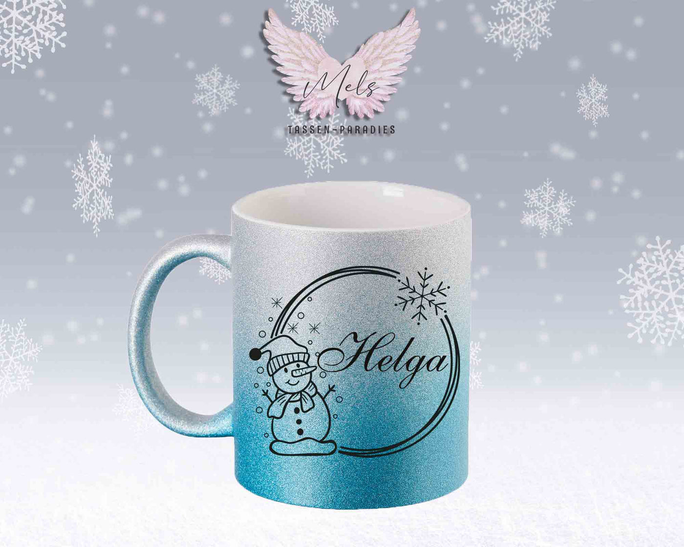 Schneemann Black-Alphabet mit Name - Personalisierte Glitter-Tasse SilberBlau
