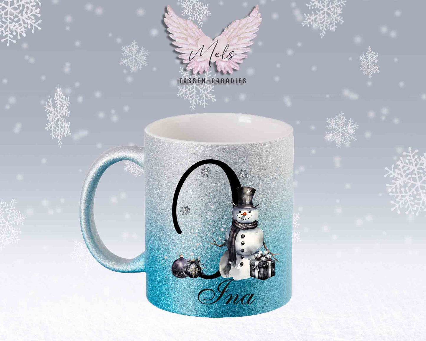 Schneemann Black-Alphabet mit Name - Personalisierte Glitter-Tasse SilberBlau