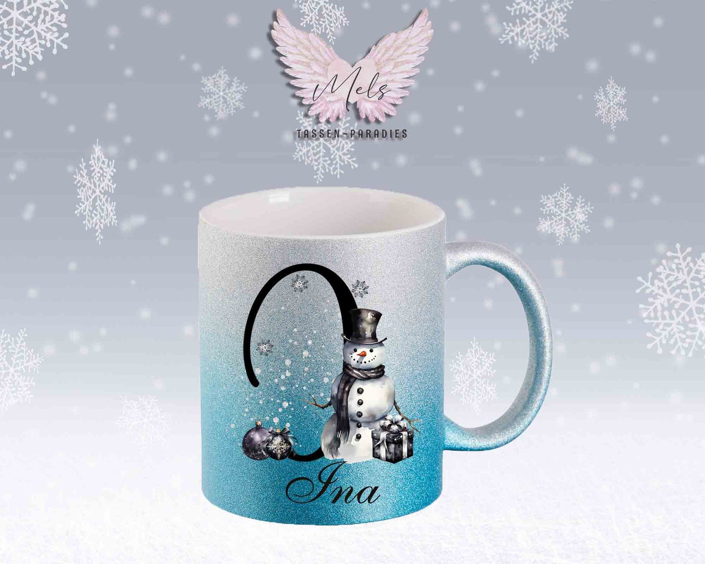 Schneemann Black-Alphabet mit Name - Personalisierte Glitter-Tasse SilberBlau