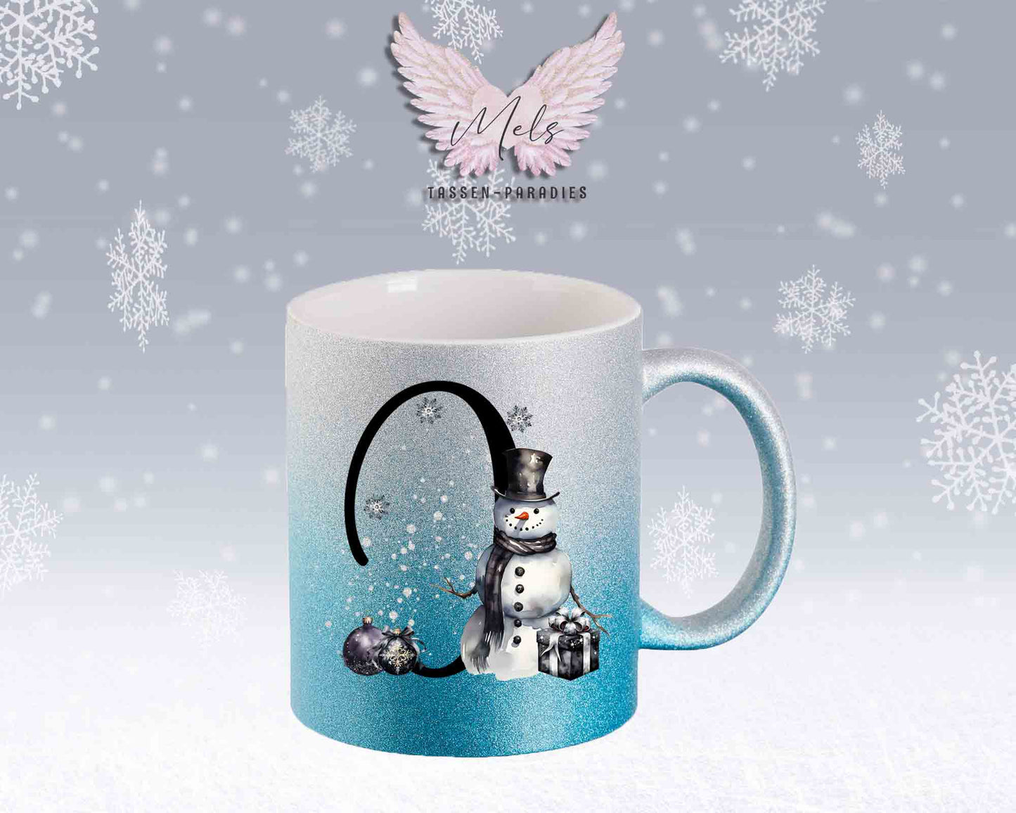 Schneemann Black-Alphabet mit Name - Personalisierte Glitter-Tasse SilberBlau