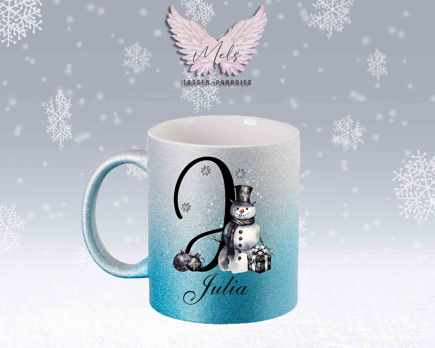 Schneemann Black-Alphabet mit Name - Personalisierte Glitter-Tasse SilberBlau