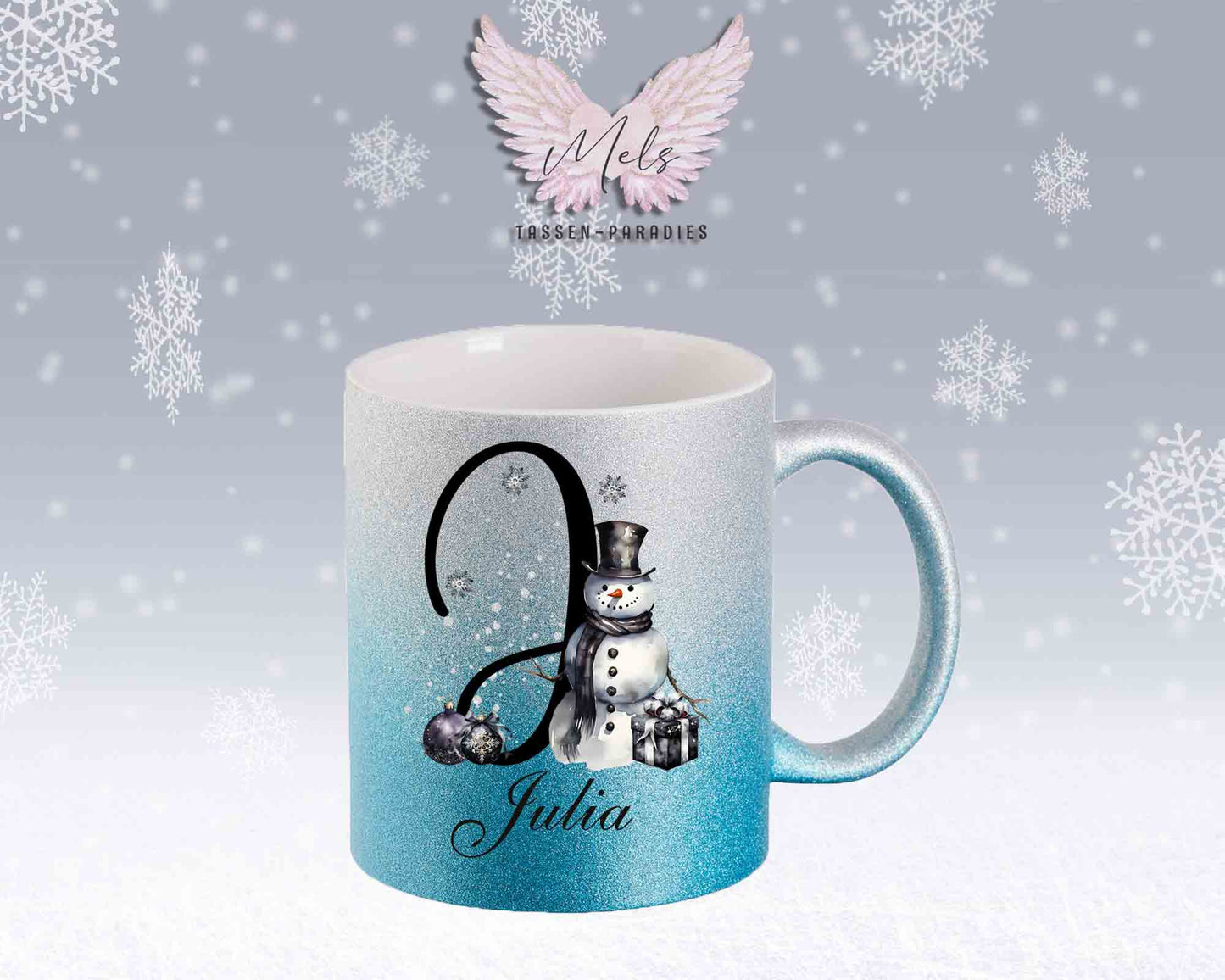 Schneemann Black-Alphabet mit Name - Personalisierte Glitter-Tasse SilberBlau