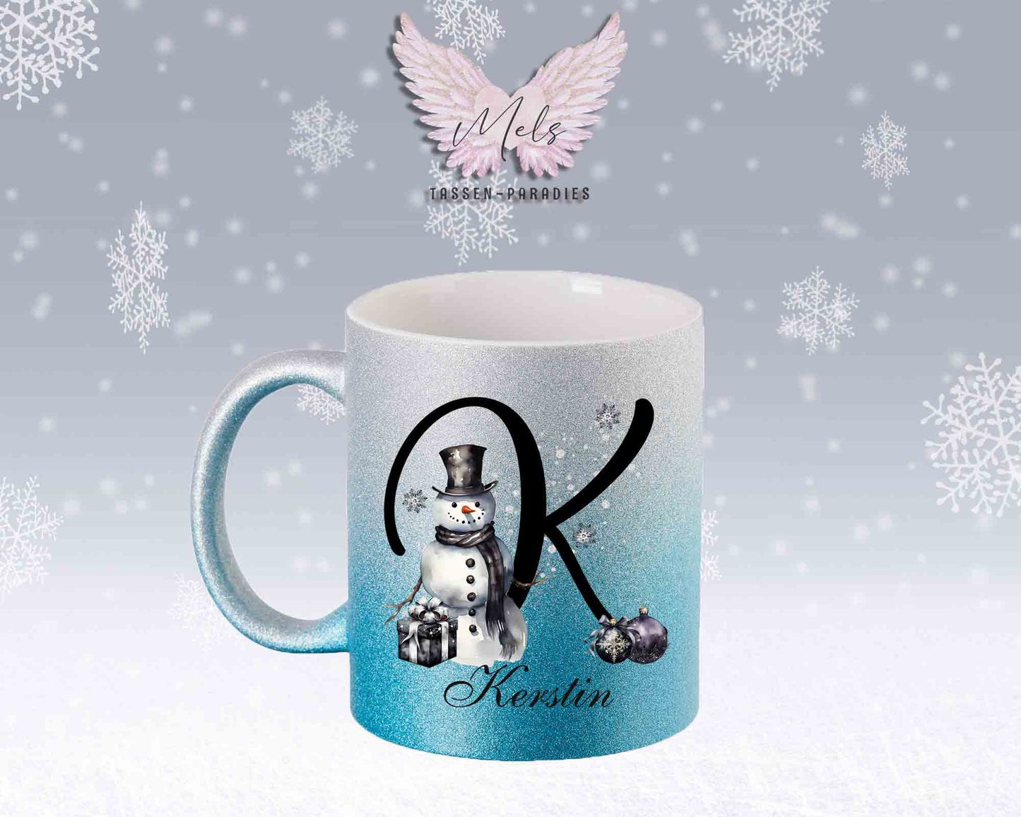 Schneemann Black-Alphabet mit Name - Personalisierte Glitter-Tasse SilberBlau