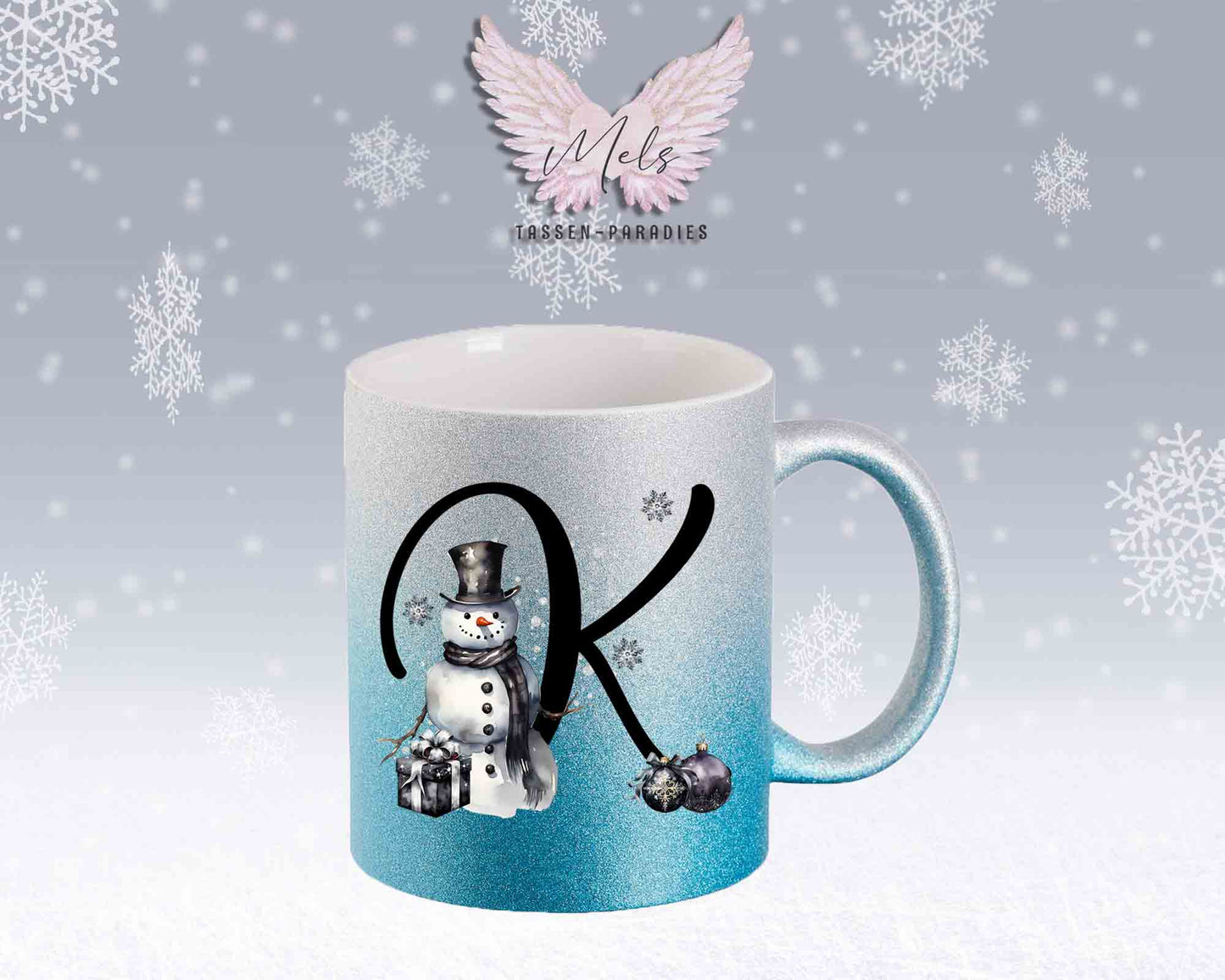 Schneemann Black-Alphabet mit Name - Personalisierte Glitter-Tasse SilberBlau