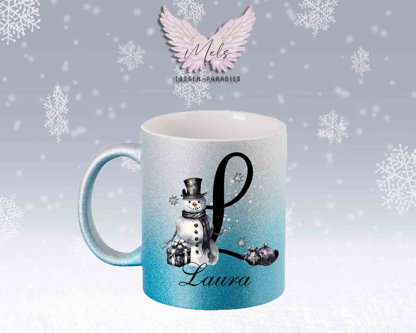 Schneemann Black-Alphabet mit Name - Personalisierte Glitter-Tasse SilberBlau