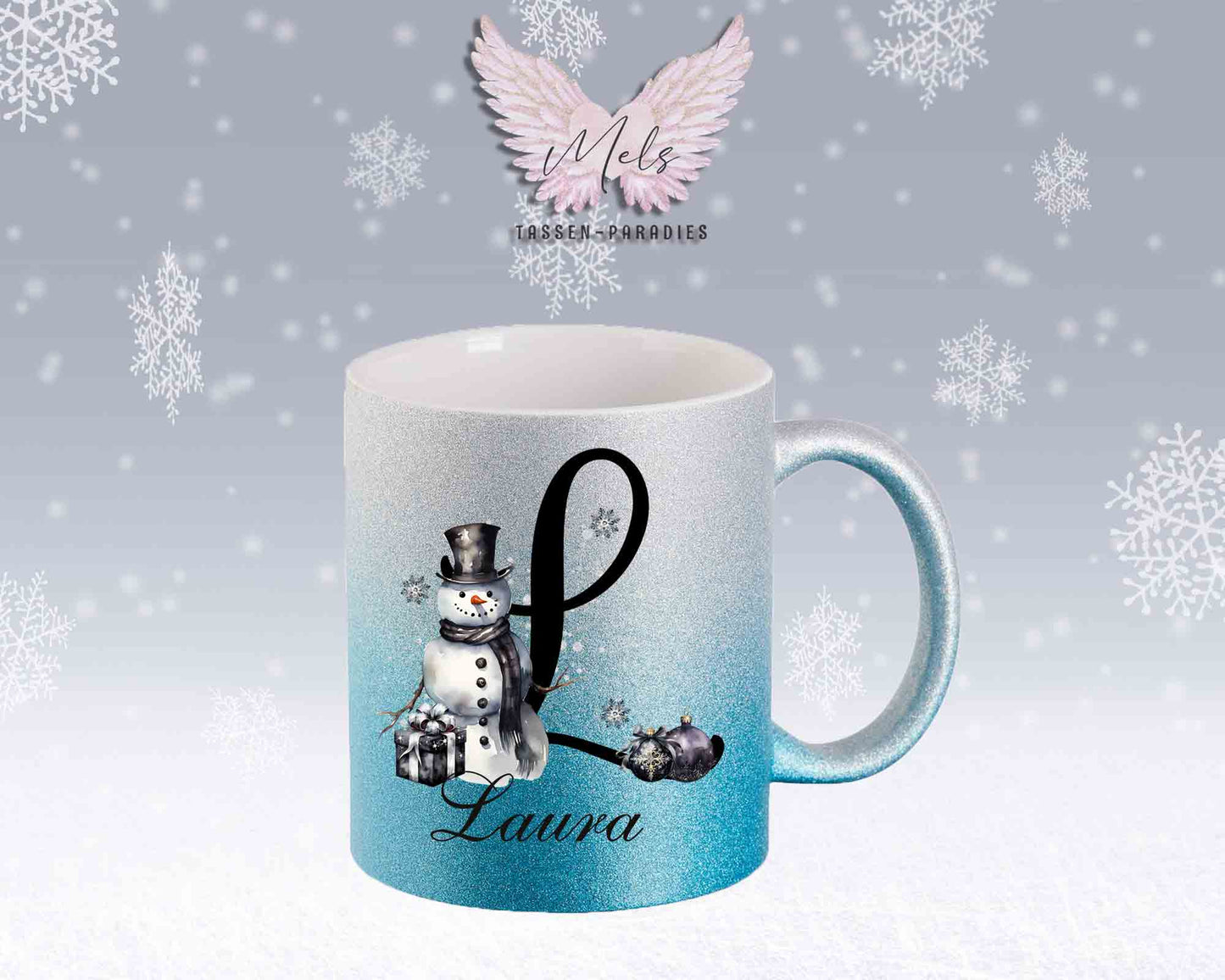 Schneemann Black-Alphabet mit Name - Personalisierte Glitter-Tasse SilberBlau