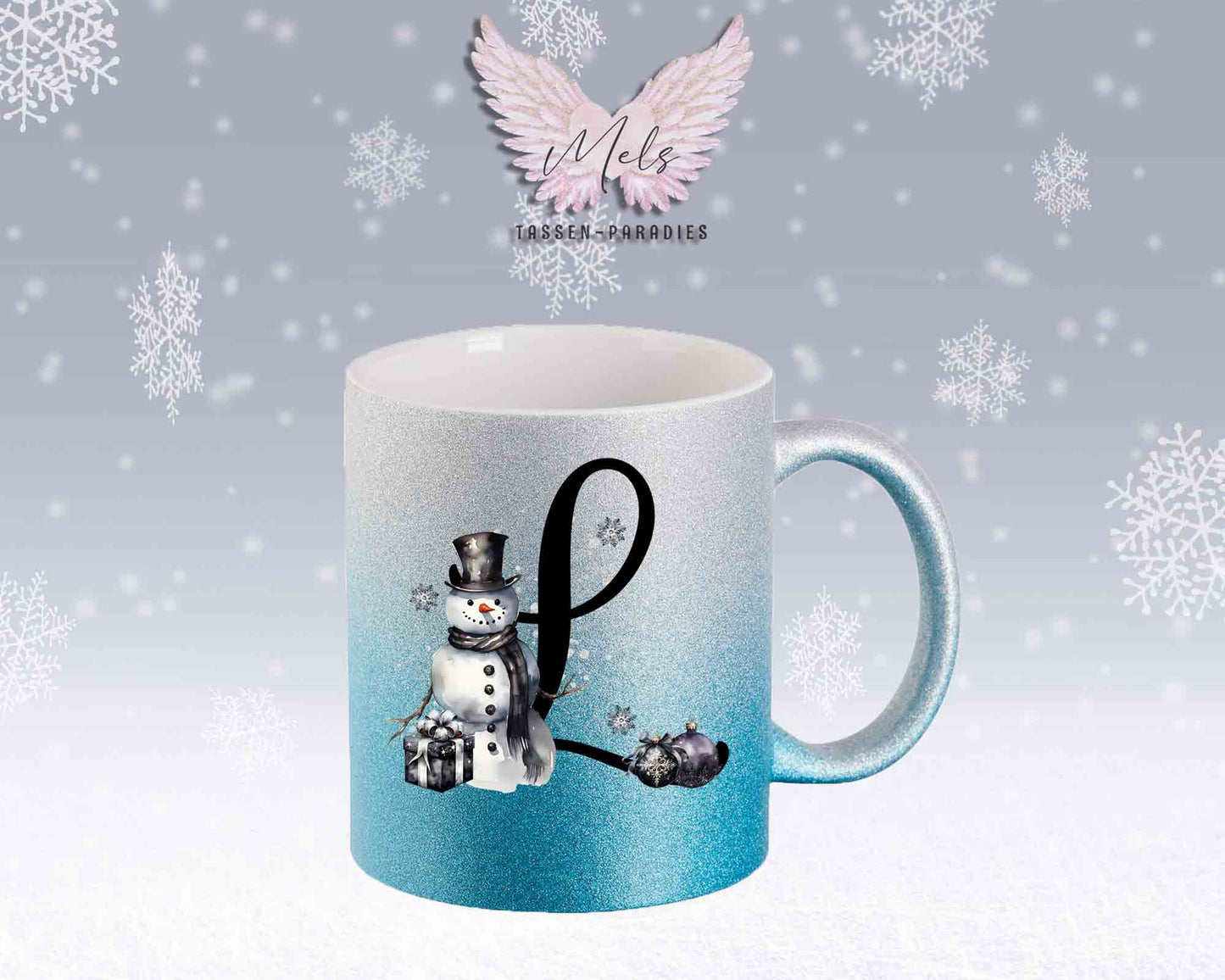 Schneemann Black-Alphabet mit Name - Personalisierte Glitter-Tasse SilberBlau