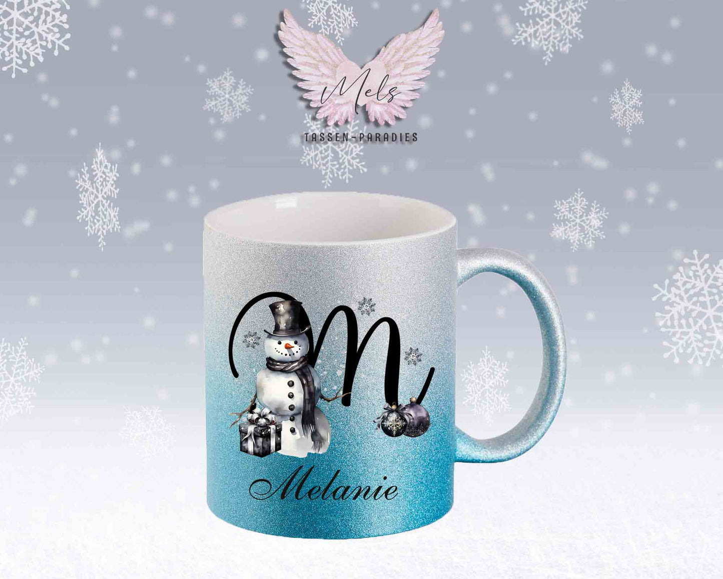 Schneemann Black-Alphabet mit Name - Personalisierte Glitter-Tasse SilberBlau