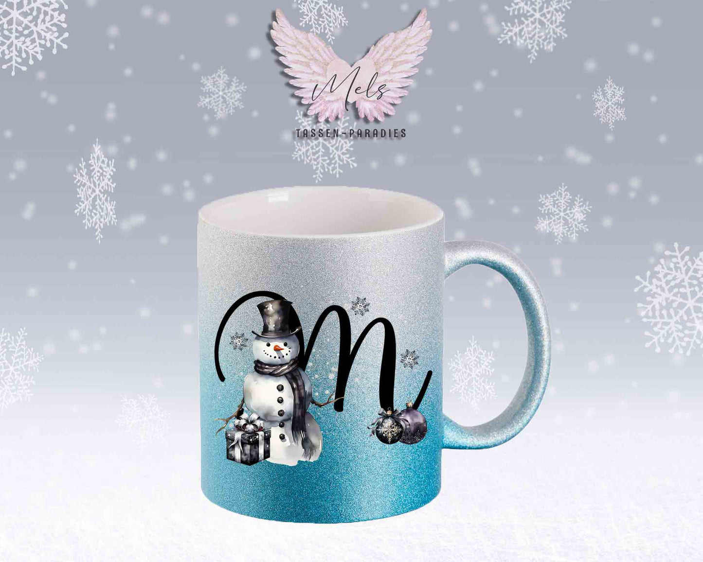 Schneemann Black-Alphabet mit Name - Personalisierte Glitter-Tasse SilberBlau