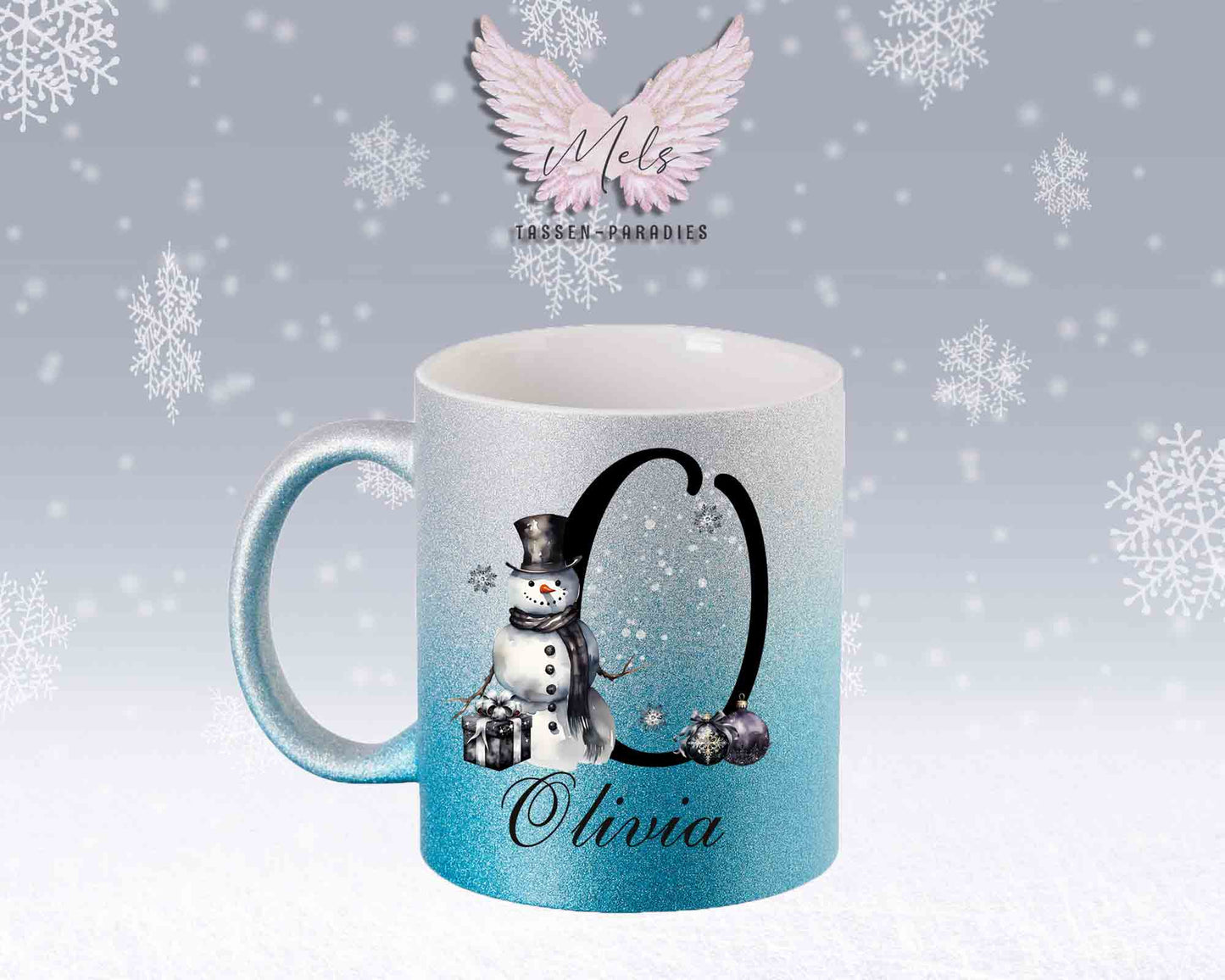 Schneemann Black-Alphabet mit Name - Personalisierte Glitter-Tasse SilberBlau