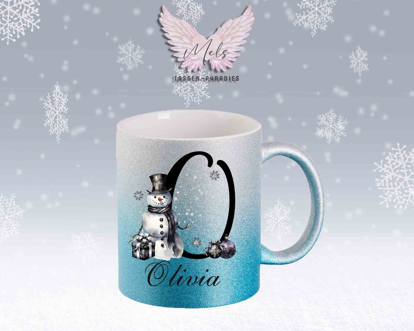 Schneemann Black-Alphabet mit Name - Personalisierte Glitter-Tasse SilberBlau