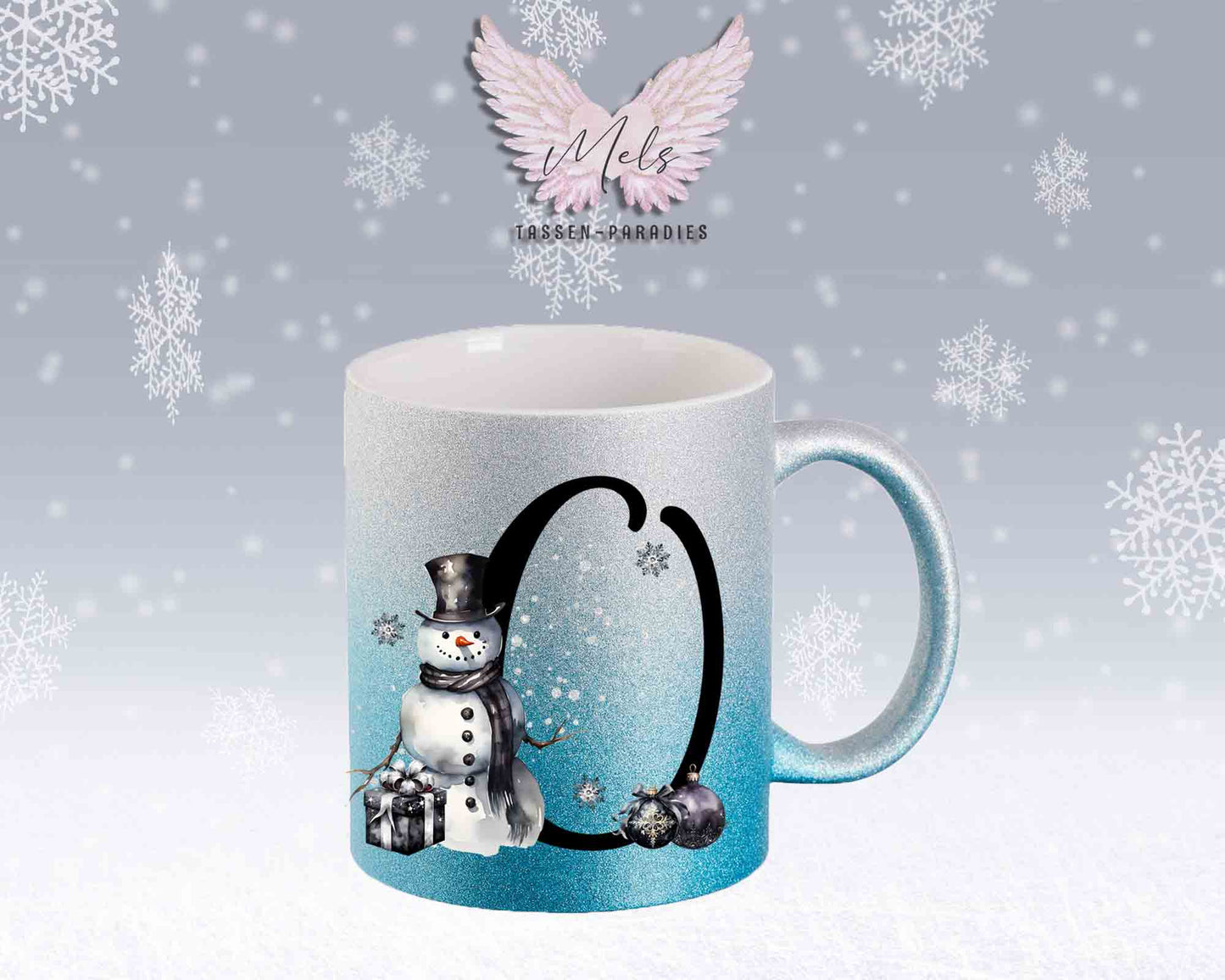 Schneemann Black-Alphabet mit Name - Personalisierte Glitter-Tasse SilberBlau