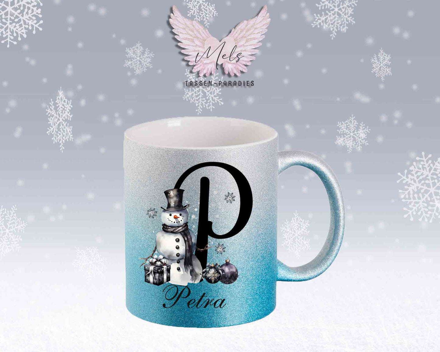 Schneemann Black-Alphabet mit Name - Personalisierte Glitter-Tasse SilberBlau