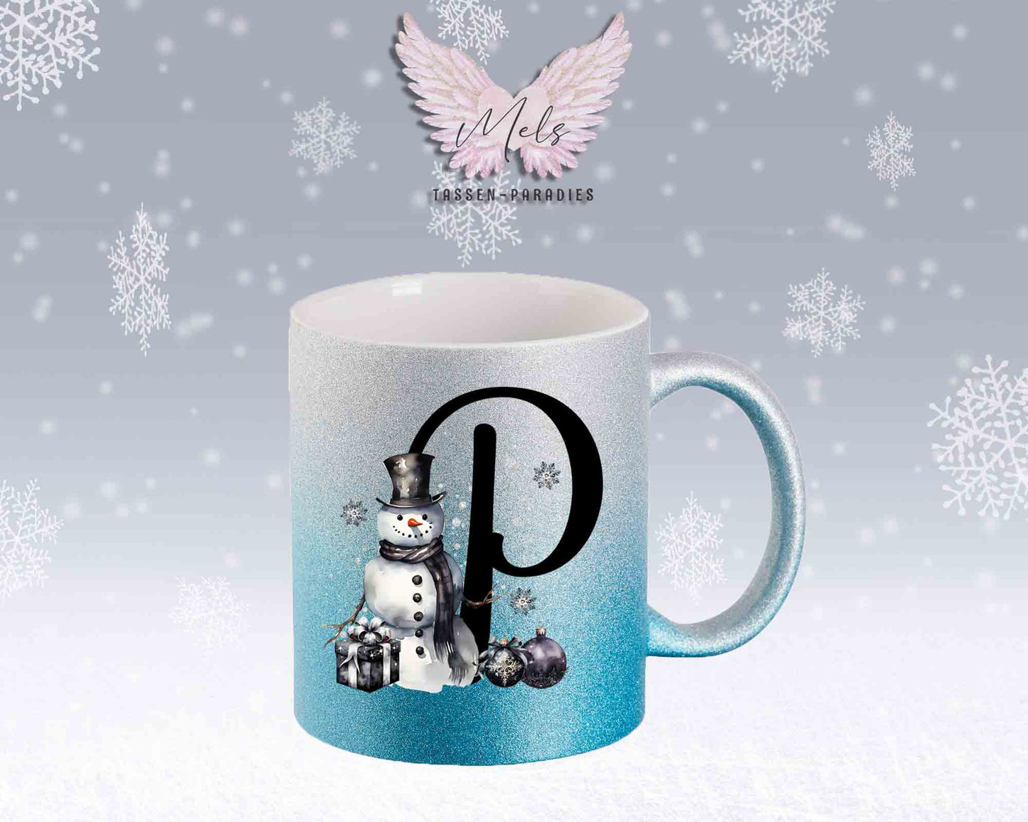 Schneemann Black-Alphabet mit Name - Personalisierte Glitter-Tasse SilberBlau