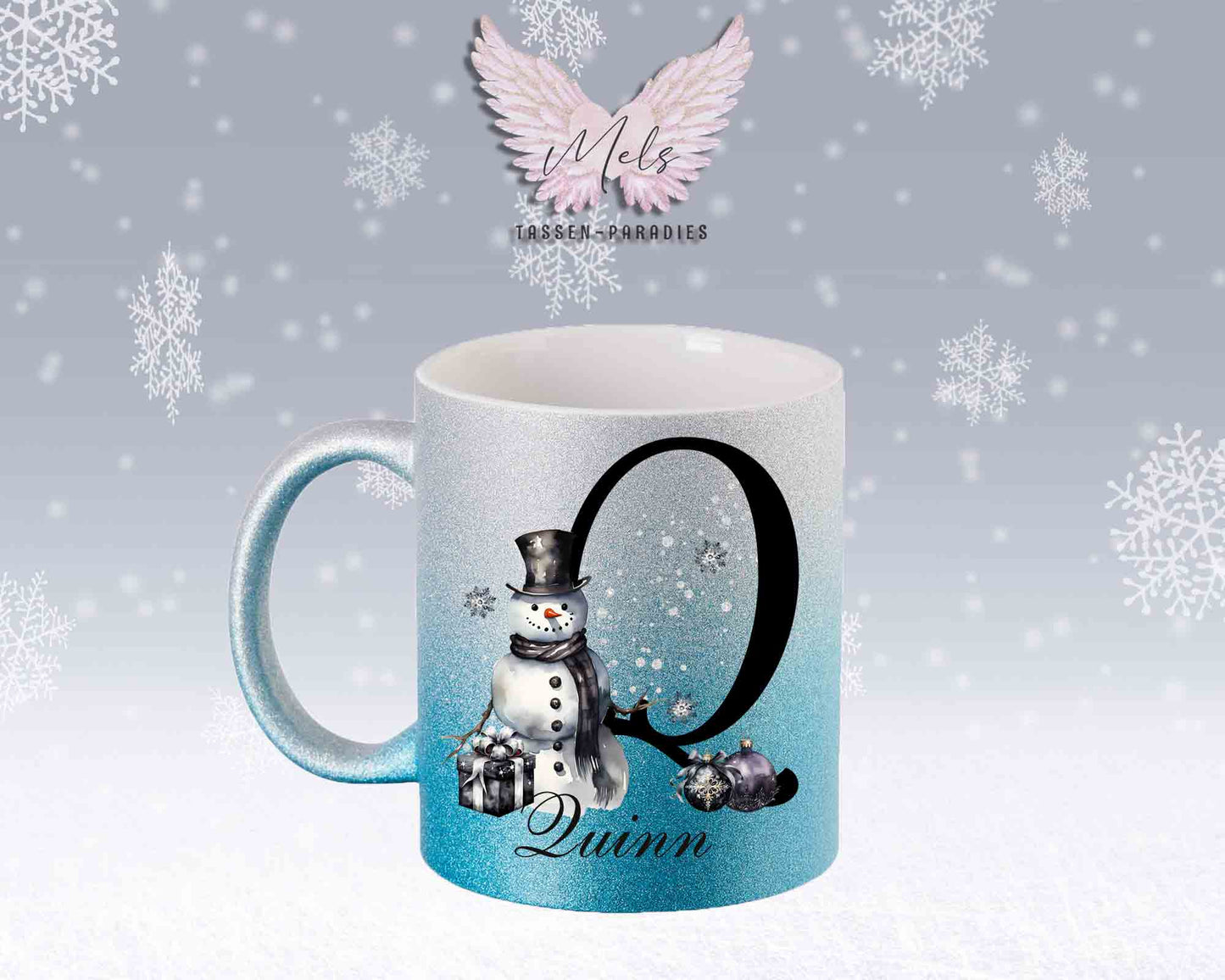 Schneemann Black-Alphabet mit Name - Personalisierte Glitter-Tasse SilberBlau