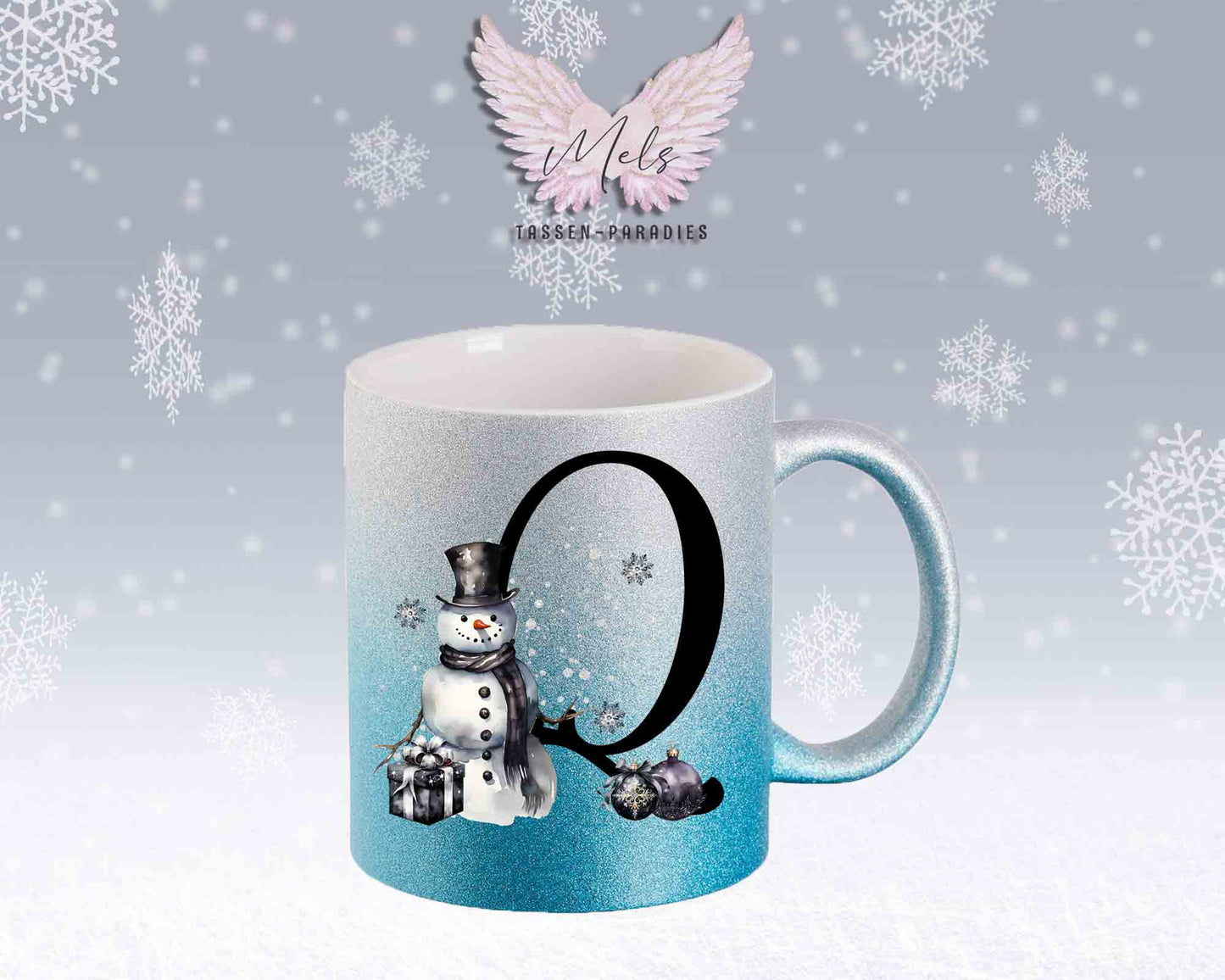 Schneemann Black-Alphabet mit Name - Personalisierte Glitter-Tasse SilberBlau