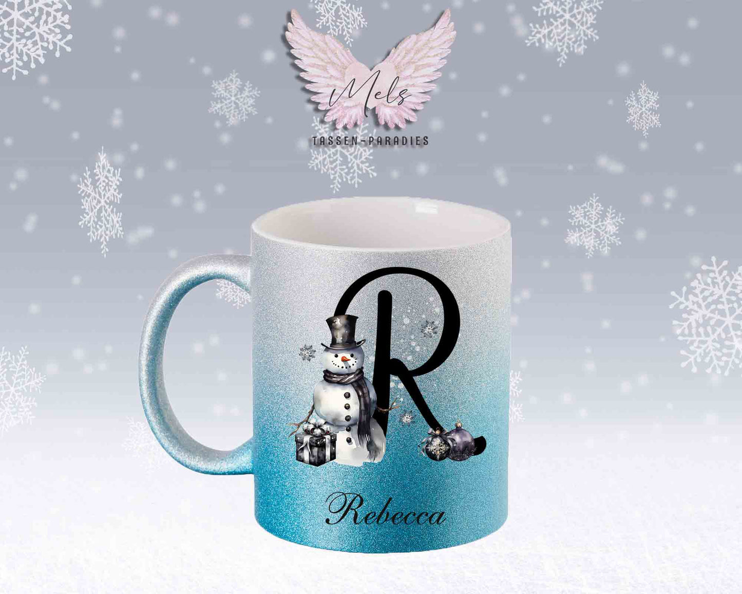 Schneemann Black-Alphabet mit Name - Personalisierte Glitter-Tasse SilberBlau