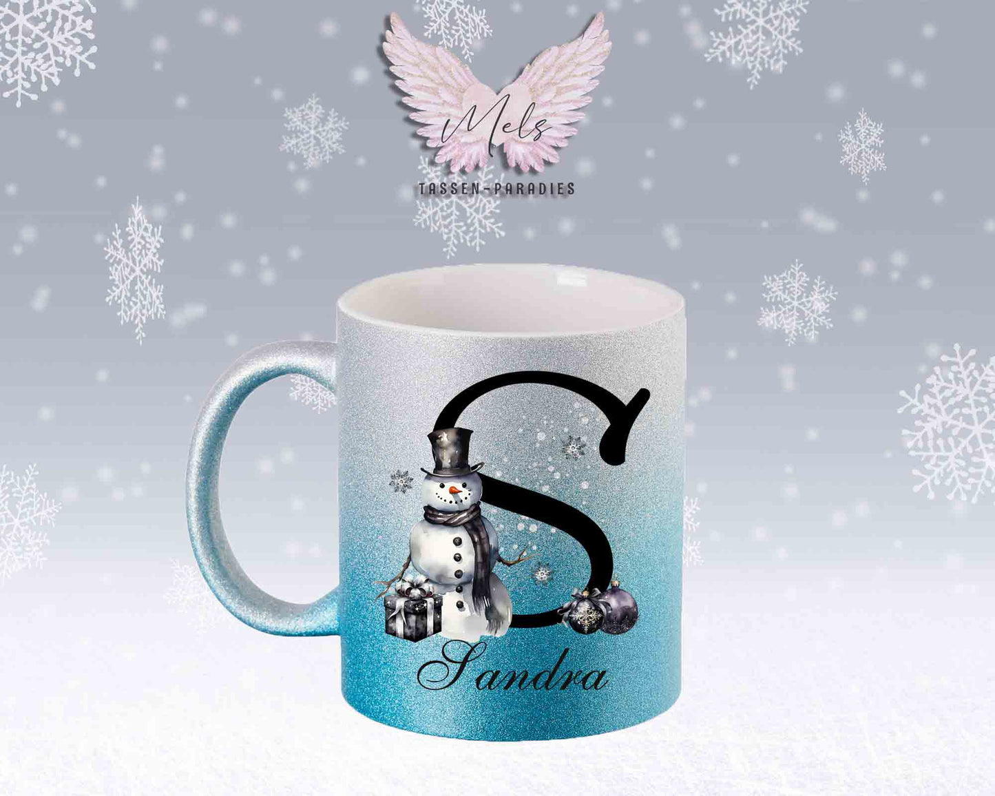 Schneemann Black-Alphabet mit Name - Personalisierte Glitter-Tasse SilberBlau