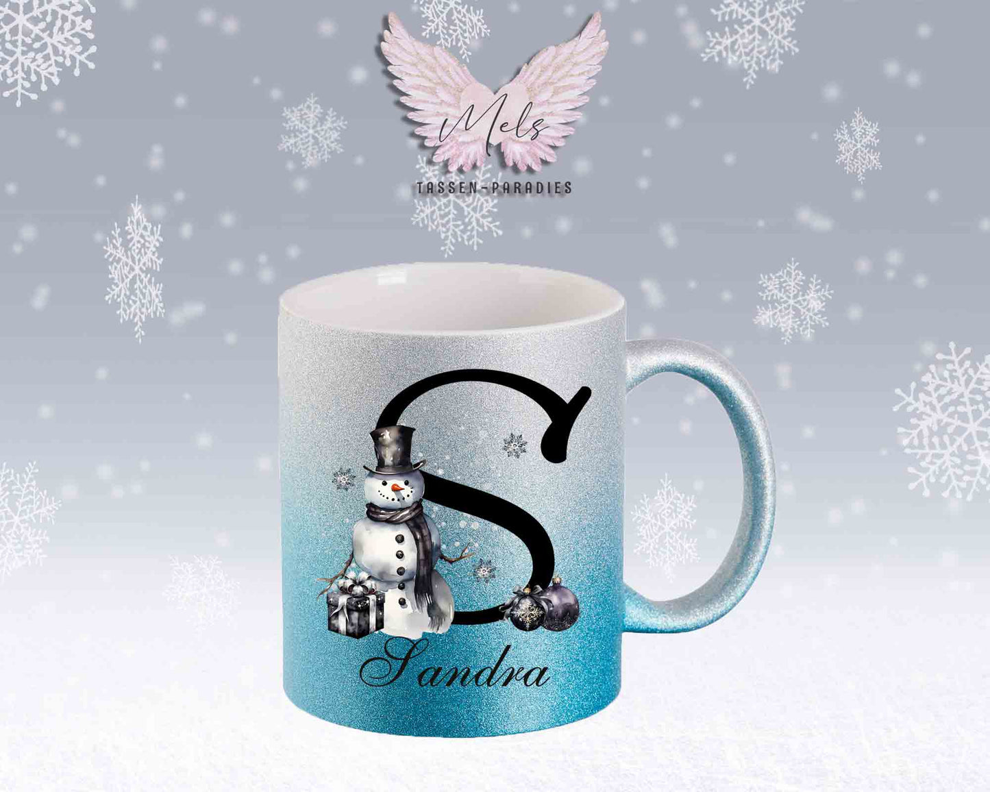 Schneemann Black-Alphabet mit Name - Personalisierte Glitter-Tasse SilberBlau