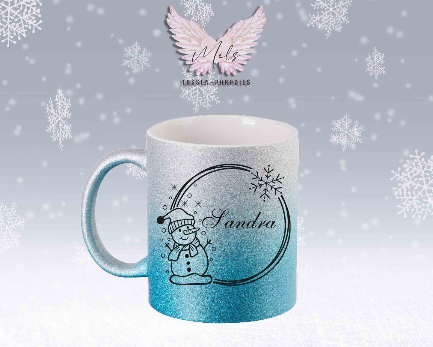 Schneemann Black-Alphabet mit Name - Personalisierte Glitter-Tasse SilberBlau