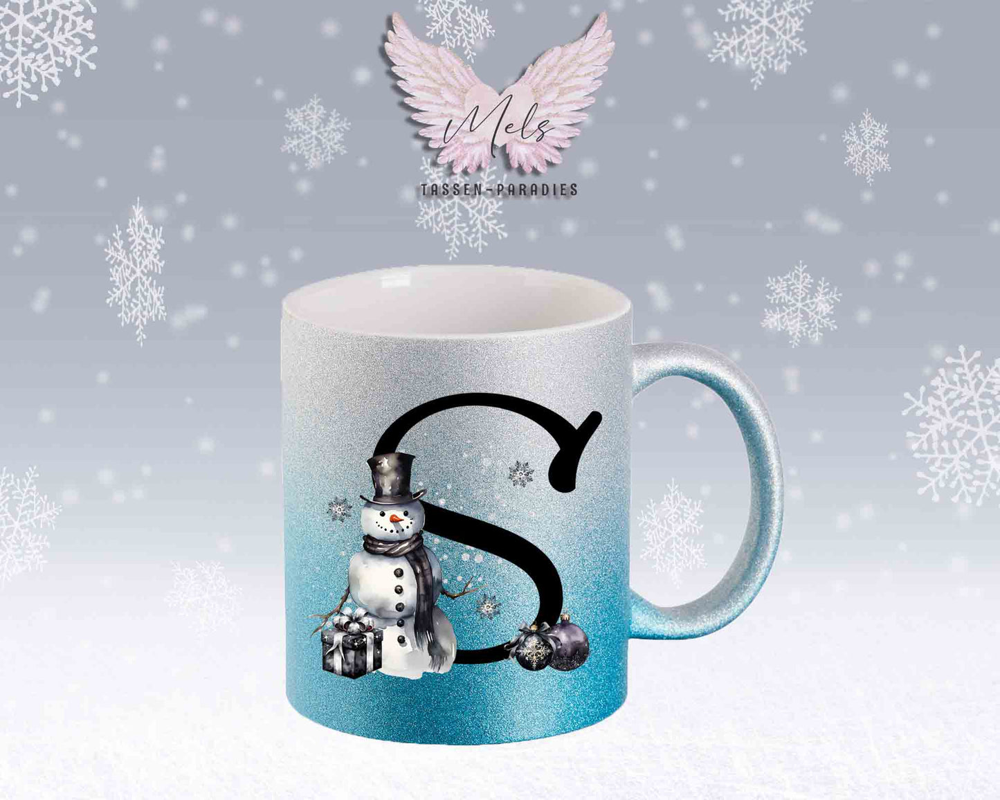 Schneemann Black-Alphabet mit Name - Personalisierte Glitter-Tasse SilberBlau