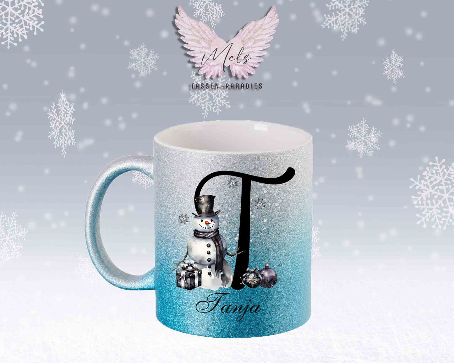 Schneemann Black-Alphabet mit Name - Personalisierte Glitter-Tasse SilberBlau