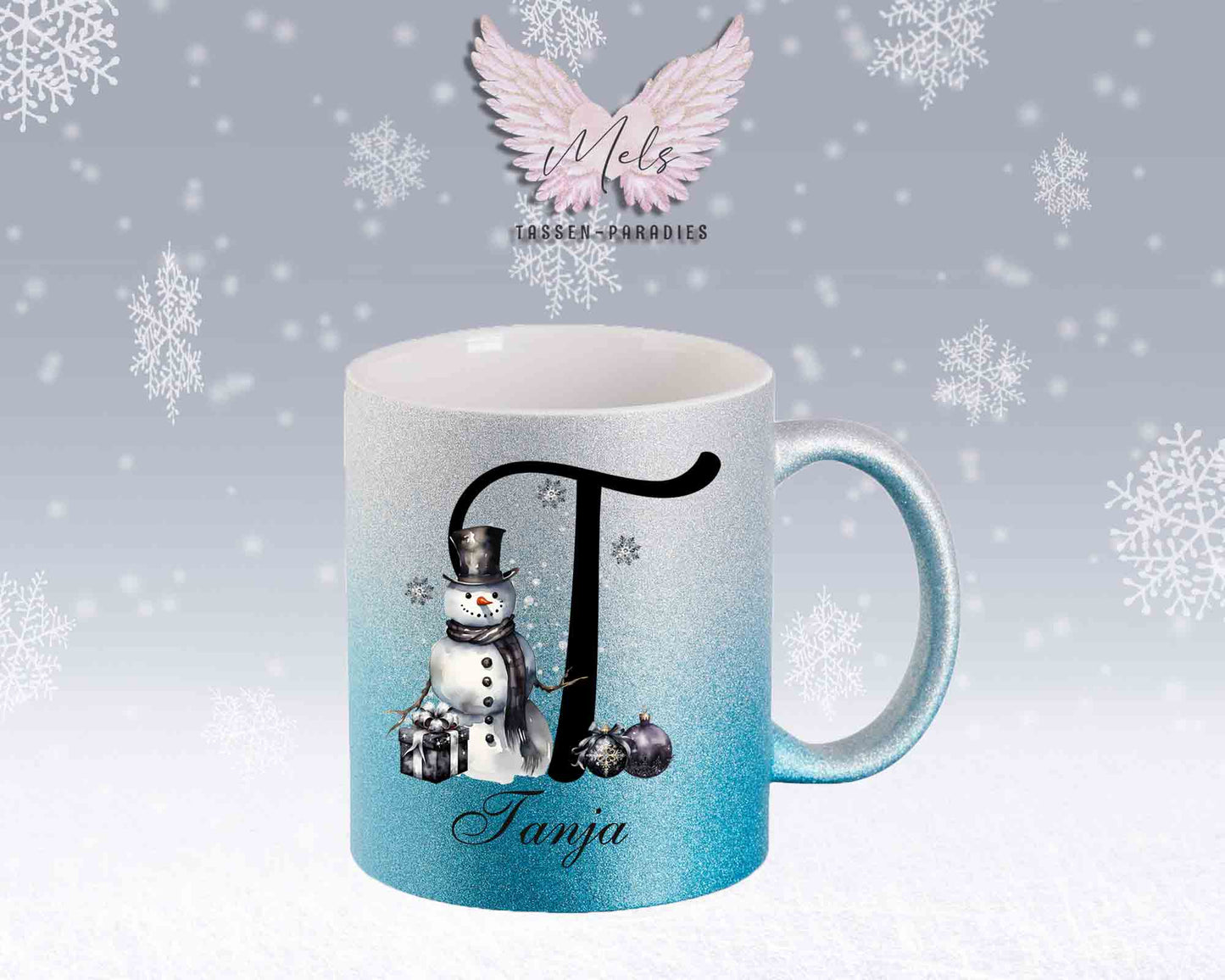 Schneemann Black-Alphabet mit Name - Personalisierte Glitter-Tasse SilberBlau