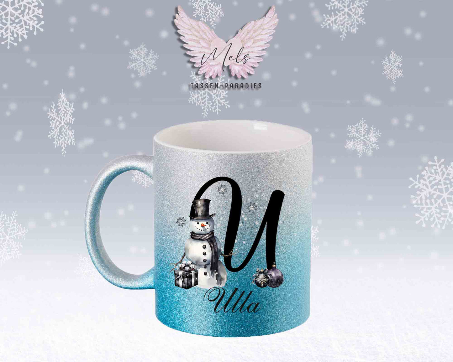 Schneemann Black-Alphabet mit Name - Personalisierte Glitter-Tasse SilberBlau